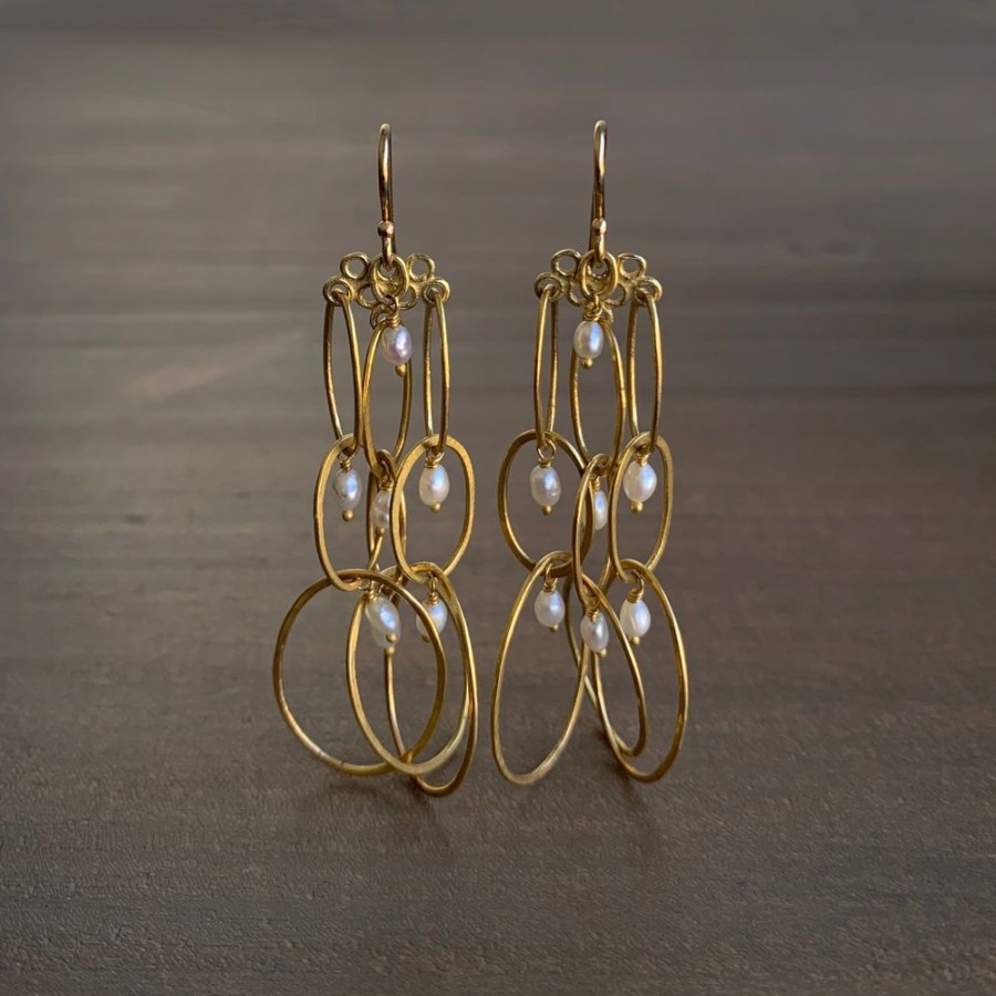 Jewelry Rosanne Pugliese | Long Layered Gold Earrings With Pearl Details