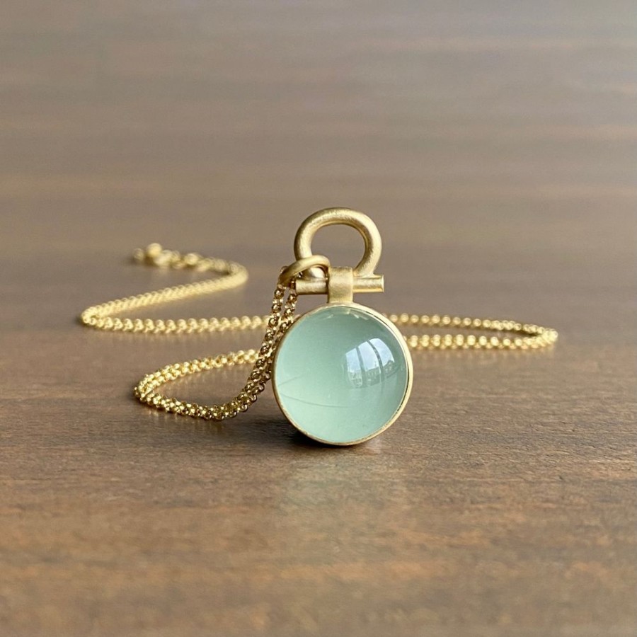 Jewelry Monika Krol | Round Dark Milky Aquamarine Cabochon Pendant