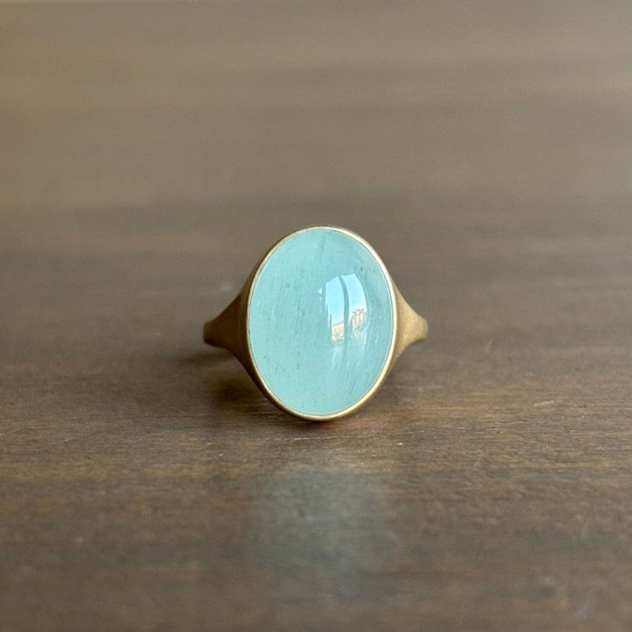 Jewelry Monika Krol | Oval Dark Milky Aquamarine Cabochon Cast Ring