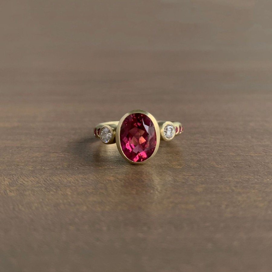 Jewelry Judi Powers | Three-Stone Ring With Rubellite, Diamonds, And Pink Sapphires