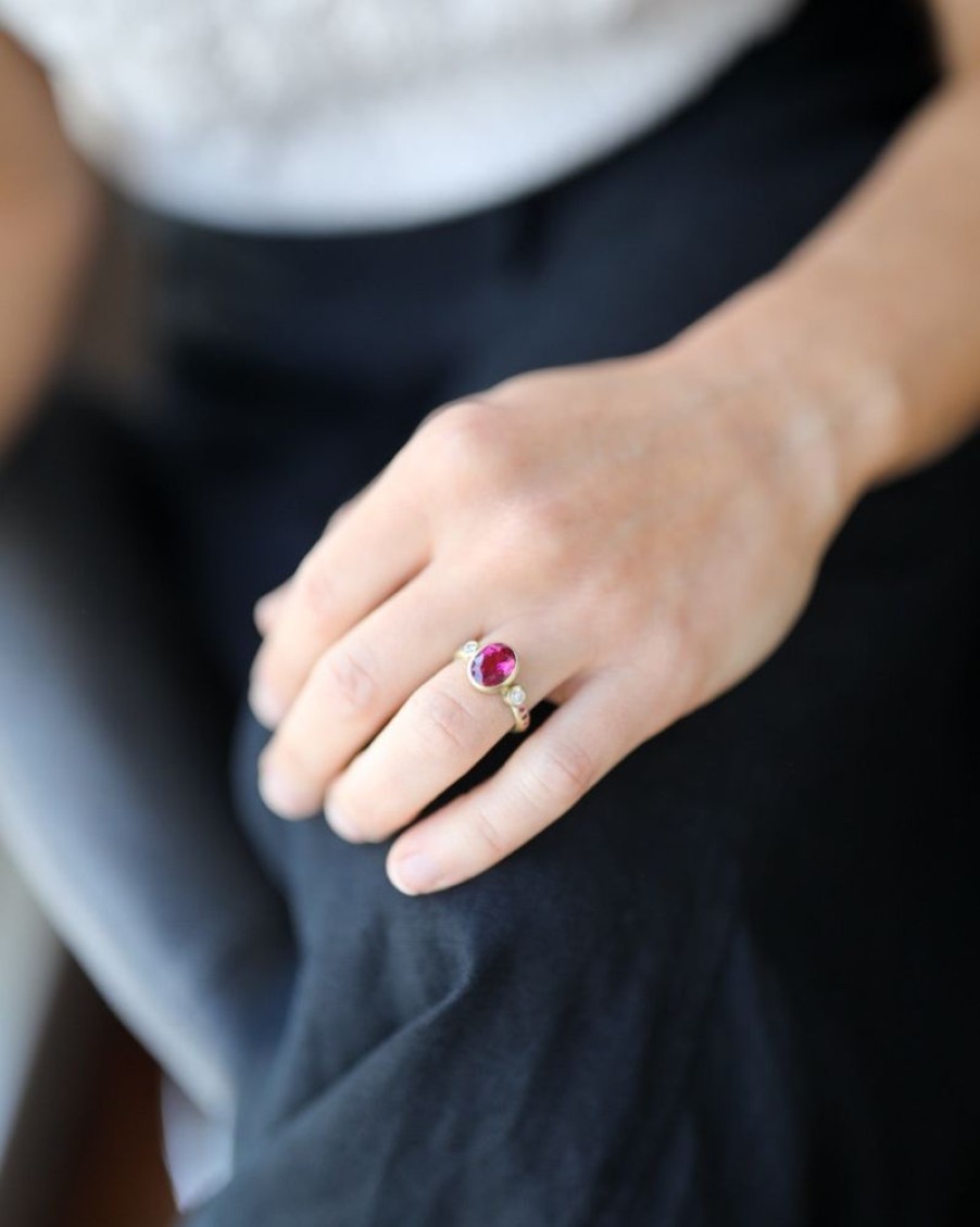 Jewelry Judi Powers | Three-Stone Ring With Rubellite, Diamonds, And Pink Sapphires